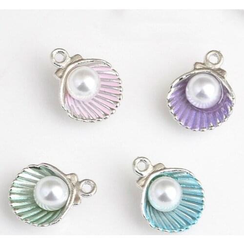 Wholesale 100PCS 12*15MM 3D Pearl Core Sea Shell Charms Silver Tone Plated Alloy Metal Enamel Necklace Charm Pendant Craft