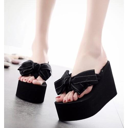 Size 41 Flip Flops Bow Cute Home Slippers Platform Shoes for Woman Heels 11cm Home Slipper Women Pump Shoes Ciabatte Tacco New