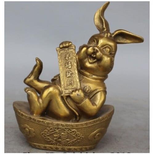 RHS0096 18CM Chinese Bronze Carving FengShui Wealth YuanBao Animal Zodiac Rabbit Statue