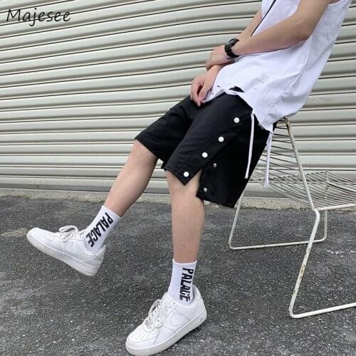 Casual Shorts Men Side Button-up Breathable Hip-pop Retro Baggy Oversize Streetwear Mens Harajuku Running Drawstring Knee-length