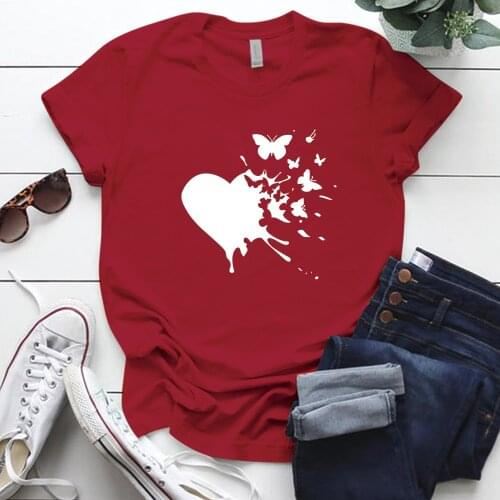 Heart Butterflies Printed Funny Tshirt Women Round Neck Casual Cute Shirt Womens Clothing Summer 2020 Aesthetic Tops Female