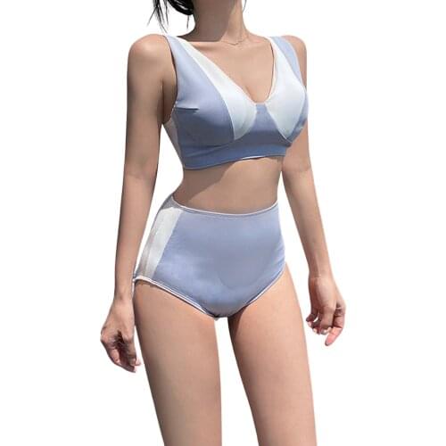 Women’s Color Blocking 2Pcs Bikini Suit Low Neck Backless Tank Tops with High Waist Triangle Bottoms Bathing Suits