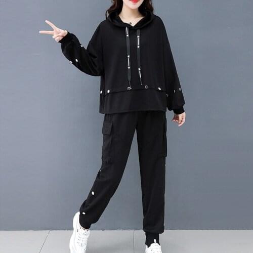 Large Size Black Sweatshirt Sets Womens 2021 Spring Autumn Two Piece Sets Suits Women Loose Tracksuit Womens Pant Suits AA5828