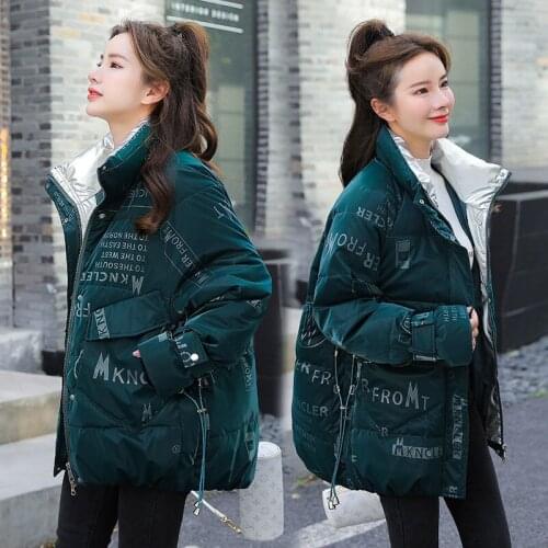 Winter Printed Letter Stand collar Coat Women Warm Thick Parker Korean Loose Cotton Padded Jacket Female Casual Zipper Outerwear