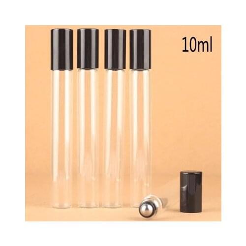20pcs/lot 10ml Roll On Portable clear Glass Refillable Perfume Bottle Empty Essential Oil Case With Black aluminum Cap
