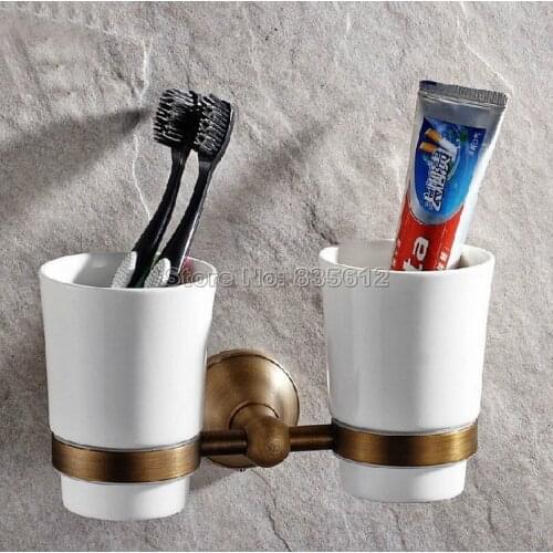 Antique Brass Wall Mounted Toothbrush Holder with Two Ceramic Cups Wba145