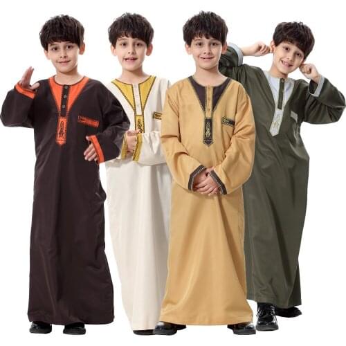 BianFeng Boy Child Muslim Arab Abaya Dubai Saudi Teenage Thobe Thawb Caftan Loose Fit Short Sleeve Solid Robe Summer Clothing
