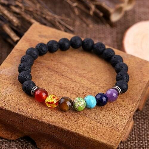 Chakra Bracelet Men Black Lava Healing Balance Beads Reiki Buddha Prayer Natural Stone Yoga ID Bracelets For Women