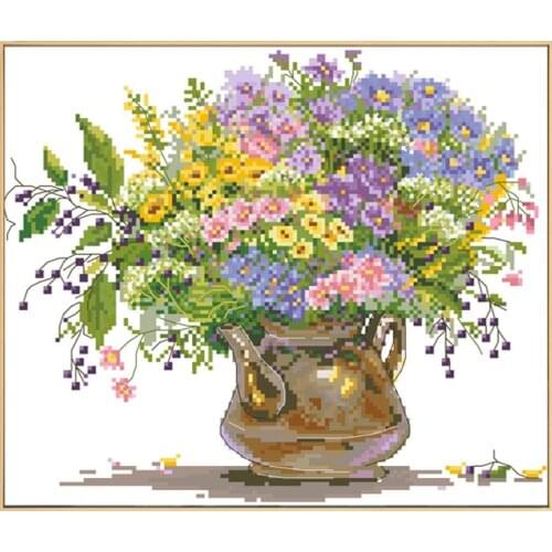 Chrysanthemum Teapot Cross Stitch Kits Printed Canvas Embroidery Sets 11CT 14CT All For Needlework Diy Handmade Craft Home Decor