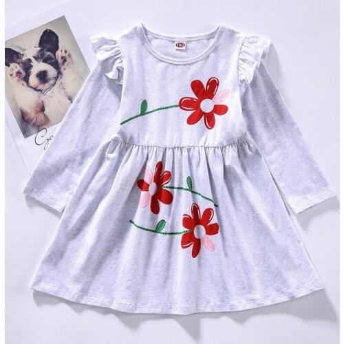 New Cotton Baby Girl Clothing Flower Print Long Flying Sleeve Casual Girl Dress School Baby Girl Dresses Fall Kids Clothes 1-6Y