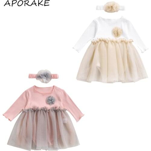 2021 0-18M Baby Girls Princess Romper Dress+Headband Round Collar Tulle Flower Long Sleeve Ruffle Hem Patch Tutu Dress For Party