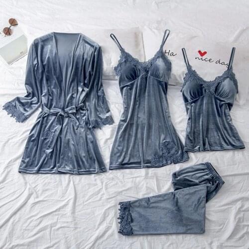 Winter Velvet Pajamas Set for Women Soft Keep Warm Sexy Sleepwear PJs 4PCs Full Sleeve Strap Nightgown Bath Robe Lingerie Suit