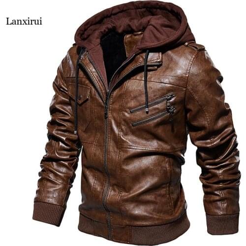 Casual Motorcycle PU Jacket Mens Winter Autumn Fashion Leather Jackets Male Slim Removable Hooded Warm Outwear Fleece Clothing