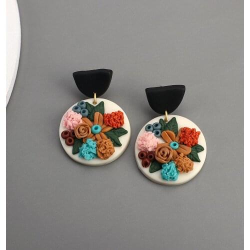 Lifefontier Korean Sweet White Round Polymer Clay 3D Flower Drop Earrings for Women Bohemian Female Casual Jewelry