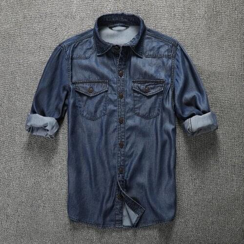 0028 Spring Fall Men Tencel Denim Jacket Classical Retro Thin Loose Outfit Double Pocket Single Breasted Long Sleeve Cotton Coat