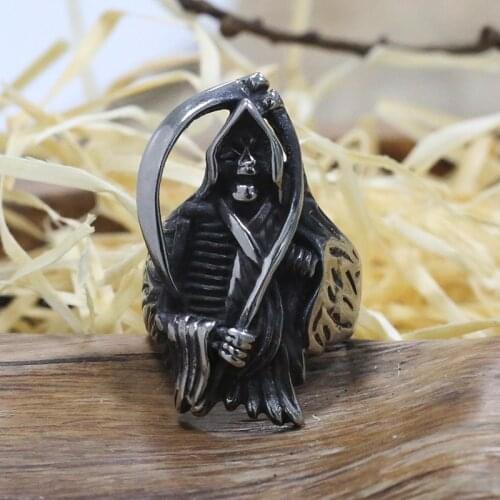 Unique Gothic Grim Reaper Skull Ring Men Boys 316L Stainless Steel Death Punk Skull Biker Ring Cool Male Hip Hop Jewelry