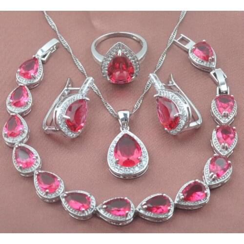 2020 New Silver Color Jewelry Set Water Drop Rose Red Zirconia Gifts Bracelet Necklace Pendant Earrings Ring YZ0357