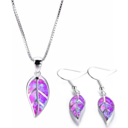 Silver Plated 4 Colors Opalite Opal Pendant Leaf Shape Necklace Drop Earrings for Elegant Women Jewelry Sets