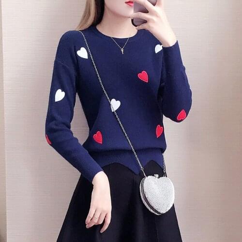 Women Loose Embroidery Knitted Pullover Tops Female 2020 Autumn Cute O-Neck Long Sleeve Heart Sweaters Pullovers Knitting Jumper
