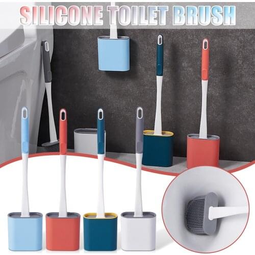 Toilet Brush Water Leak Proof With Base Silicone Wc Flat Head Flexible Soft Bristles Brush with Quick Drying Holder Sets