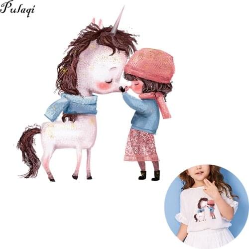 Pulaqi Cartoon lovely Unicorn Girl Patch Iron On Transfers Heat Transfer Thermal Sticker On Clothes for T-shirt Vynil DIY Stripe