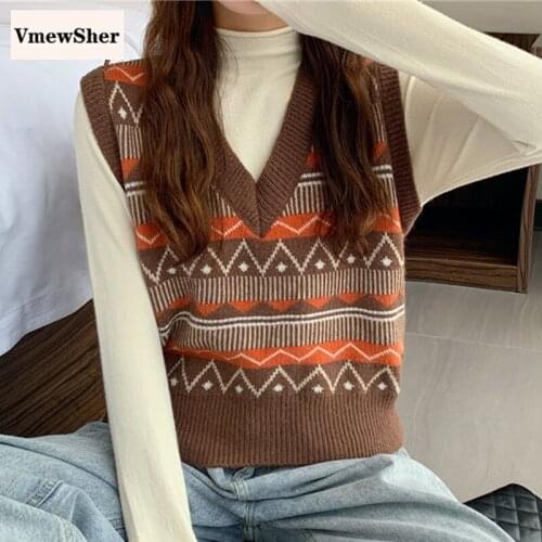 VmewSher New Casual Sweater Vest Women Geometric Print Jumper Sleeveless V Neck Pullover Autumn Knit Top Preppy Style Knitwear