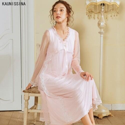 Vintage Soft Cotton Womens Long Nightgowns V-Neck Long Sleeve Elegant Autumn Spring Lace Princess Elegant Loose Long Nightwear