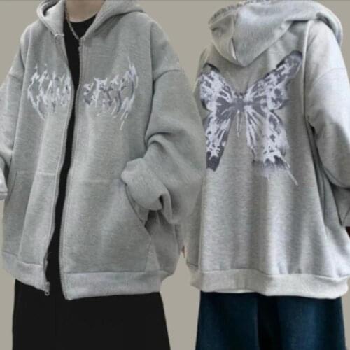 Womens Y2K Oversized Hoodie Butterfly Graphic Rhinestone Full Zip Hoodies Drawstring Jackets Sweatshirts E-girl 90s Long Jacket