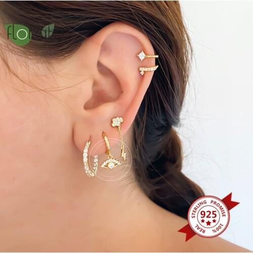 925 Silver Ear Buckle Charming Eyes Pendant Huggies Hoop Earrings for Women CZ Crystal Small Round Circle Earrings Ear Jewelry