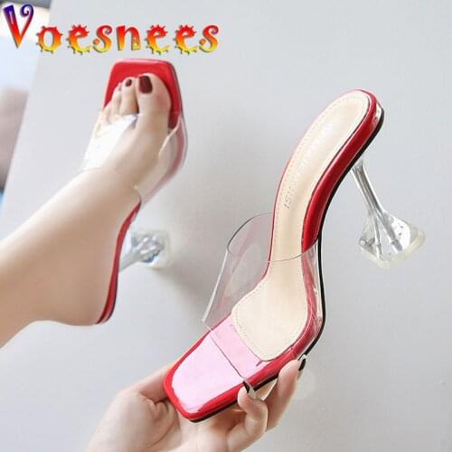 Voesnees Women Shoes Clear Heels Slippers 2021 Summer New Square End Peep Toe Women Sandals Sexy Clear Crystal Cup Square Heels