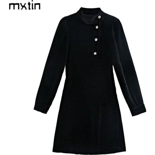 2021 Women Vintage Black Velvet Button Mini Dress Fashion Long Sleeve Female Party Dresses Vestidos Mujer Women Clothing