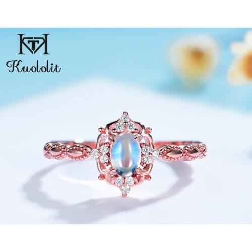 Kuololit 585 14K 10K Rose Gold Ring for Women Natural Cabochon Moonstone Jewelry Rainbow Magic Gemstone for Wedding Engagement