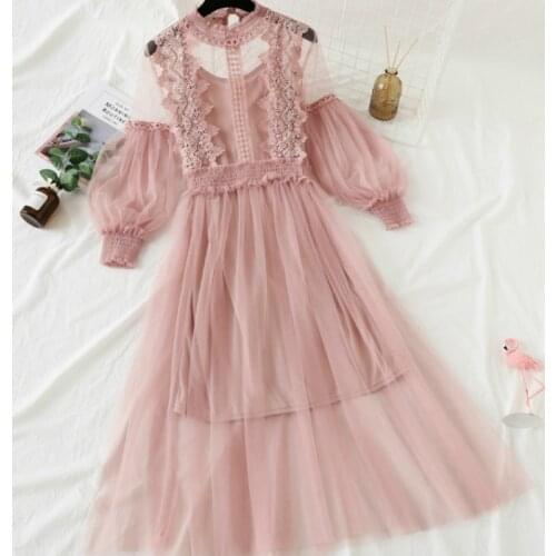 2019 Autumn Women Elegant Lace Mesh Dress Lantern Sleeves Party Beading Lace Crochet Maxi Dress Ladies Noble Voile Long Dresses