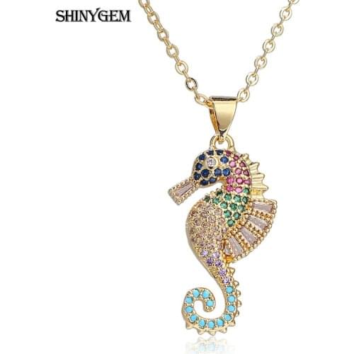 2020 Cute Trendy 15*22mm Micro Inlay Multi Color Zircon Seahorse Necklace Copper Bezel Chain For Young Women Neck Jewelry Gift