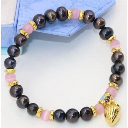 4 style Charms Pedants Bracelets Bangle 7-8mm Natural Black Pearl Beads Beaded Bracelets Women Cloisonne Jewelry 7.5inch B2800