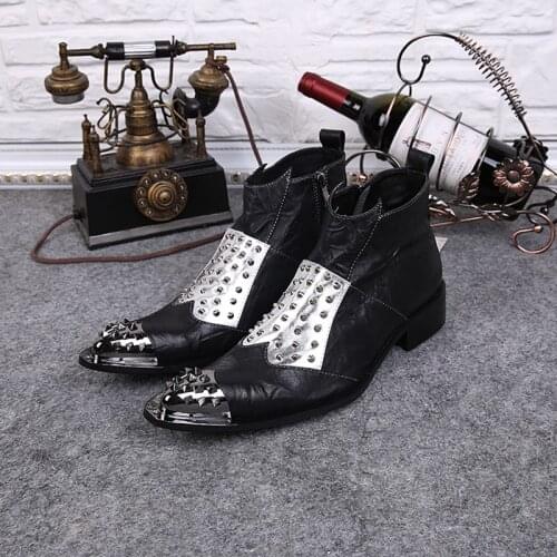 British style pointed toe high top winter men boots studded rivets work military boots flats winter shoes men cowboy