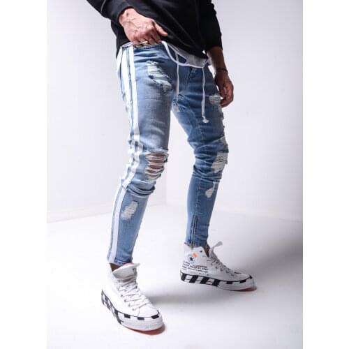 Mens Ripped Pencil Pants Men Skinny Denim Biker Side Striped Jeans Mens Fashion Foot Mouth Zipper Hip-Hop Slim Denim Trousers