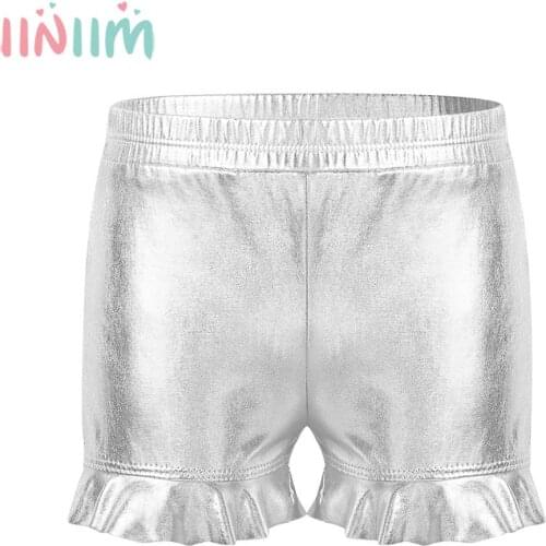 Iiniim Kids Girls Skinny Glossy Ruffled Shorts Tumbling Bottoms for Gymnastics Dancewear Performance Childrens Clothing