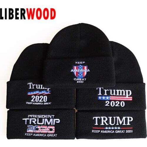 LIBERWOOD Trump 2020 Keep America Great/ US Flag Campaign Embroidered Knitted Skull Beanie Cap USA Hat Men Women Winter Hat Cap