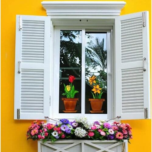 Lilies Tulips Daffodils Flower Pot Window Clings Decorations Window Stickers Self Adhesive Home Decor Glass Door Sticker