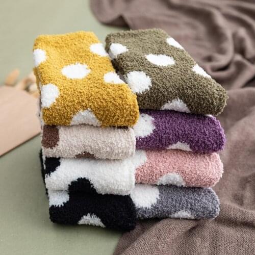 Socks Women Cute Solid Soft Fluffy Dot Socks White Black Coral Velvet Winter Warm Home Indoor Floor Terry Towel Fuzzy Sock Sox