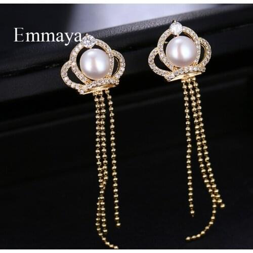 Emmaya New Season Design Long Gold Earring With Crown Contain Exquisite Pearl Tassels Style Women Decoration Important Dinner