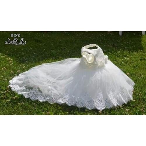 Princess Flower Girl Dress For Wedding Party High Quality Bridesmaid Kids Bow Sleeveless Trailing Lace Tulle White long tailing