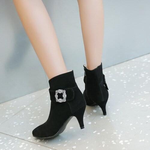 Big Size 11 12 13 14 15 16 17 18 Ma'am Short boots Pure color Water drill boot barrel Suede high-heeled boots