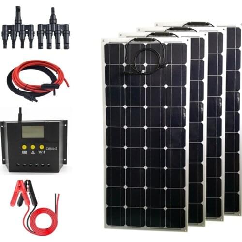 Solar Panel 4pcs 100W 12V 400W Flexible System Kits Battery Charger Monocrystalline Module 50A Charge Controller PV Connector