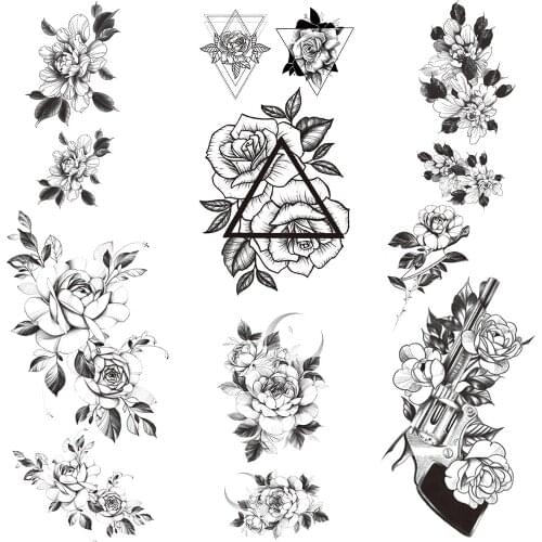 Triangle Flower Temporary Tattoo For Women Black Camellia Rose AK47 Floral Tattoos Paper Moon Daisy Peony Disposable Tatoos Hand
