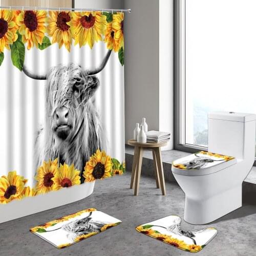 Yellow Floral Highland Cow Shower Curtain Sunflower Old Wooden Board Cows Bathroom Sets Carpet Bath Mats Non-slip Flannel Carpet