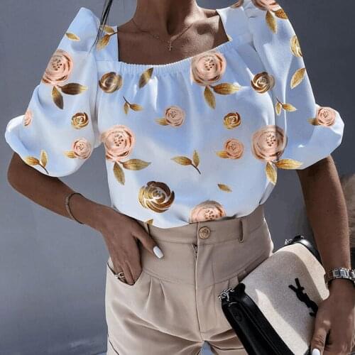 Women Summer New Fashion Rose Flower Printed Blouse Elegant Lace-up Bow Backless Office Ladies Pullover Tops Puff Sleeve Shirts