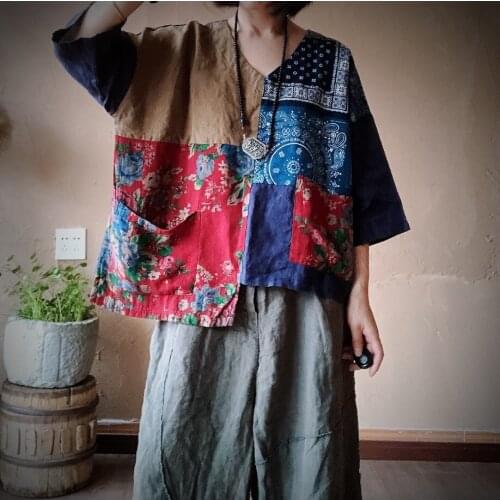 Women Irregular Length Patchwork Linen Blouse Tops Ladies Vintage Spliced Falx Shirt Tops Female 2020 Summer Autumn Blouses