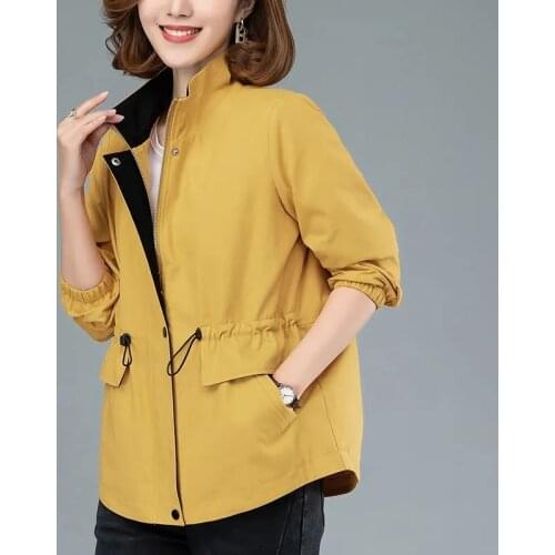 Women Windbreaker 2021 Autumn Korean Stand-Collar Zipper Short Jacket Loose Large Size Drawstring Female Windbreaker Coat Lining